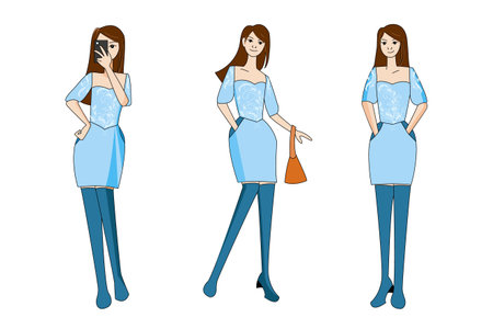 Flat design character girl with blue outfit three bundleのイラスト素材