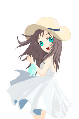 Anime girl brown long hair using white dress and yellow hat at summerのイラスト素材