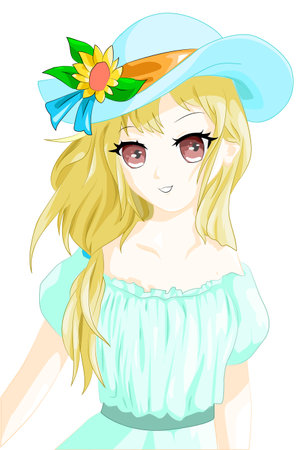 Anime girl yellow hair blue hat summertimeのイラスト素材