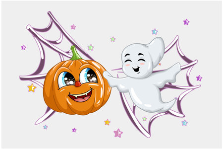 A illustration of cute little white ghost having fun with cute halloween pumpkin with a spider web backgroundのイラスト素材