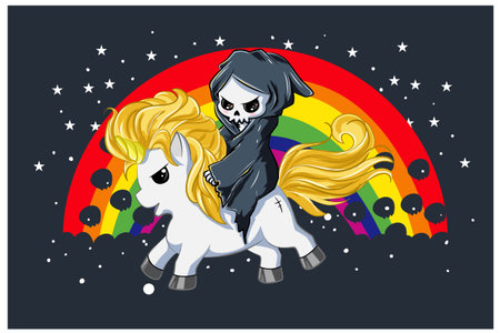 A cute skull on white gold unicorn with rainbow backgroundのイラスト素材