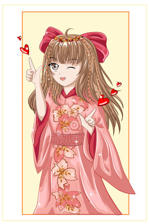 Beautiful anime girl japanese with brown hair wearing pink kimono and red hair ribbonのイラスト素材
