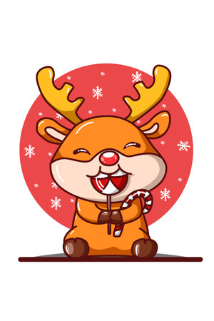 A little deer eating Christmas candy illustrationのイラスト素材