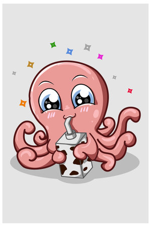 A pink octopus drinking milk illustrationのイラスト素材