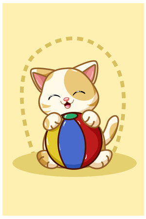 A yellow cat bring a ball illustrationのイラスト素材