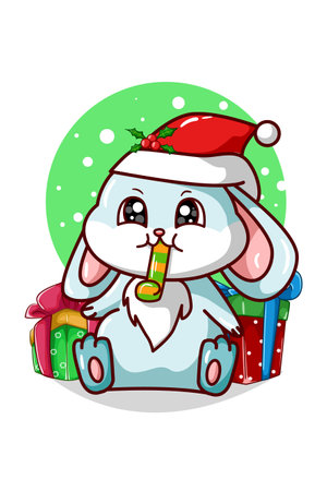 A blue rabbit blowing a trumpet and some Christmas presentsのイラスト素材