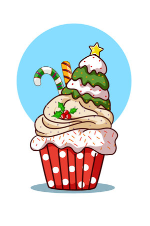 A cupcake with Christmas tree cream and candyのイラスト素材