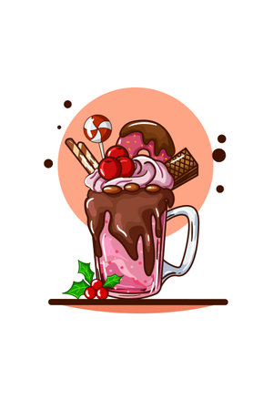 Glass with chocolate ice cream with candy Christmas and holly leavesのイラスト素材