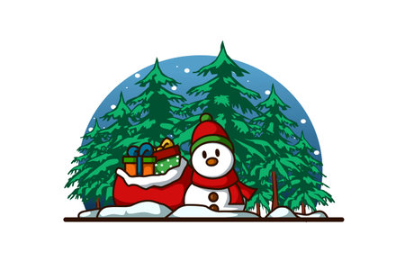 A snowman wearing scarf and hat with some gifts in the forest at christmasのイラスト素材