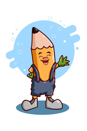 A cute pencil was waving, design character with blue backgroundのイラスト素材