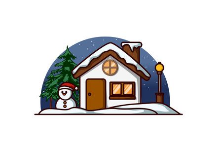 A house with a snowman and a fir tree on christmas eveのイラスト素材