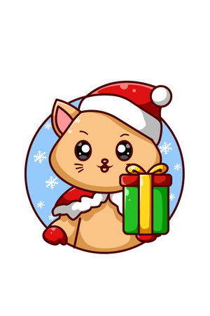 Brown cat bringing one gift for Christmasのイラスト素材