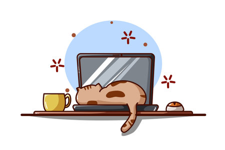 Illustration of a cat sleeping on a laptopのイラスト素材