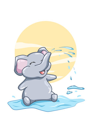 A cute elephant playing with waterのイラスト素材