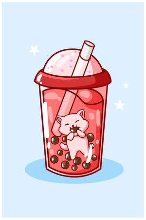 A cat is eating soft drink in a red velvet-flavored drinkのイラスト素材