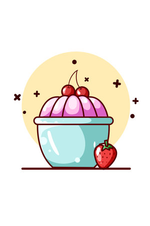 Sweet pudding with cherries and strawberryのイラスト素材