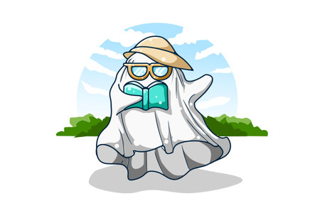 Cute ghost wearing glasses and summer hat reading a book illustrationのイラスト素材