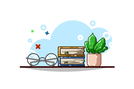 A glasses, books and ornamental plantのイラスト素材
