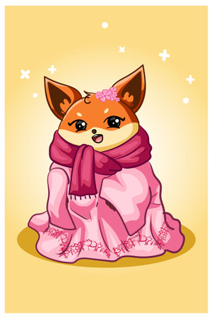 A beautiful fox wearing a scarf with cherry blossomsのイラスト素材