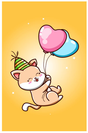 A cute cat wearing a birthday hat and hovers with two balloonsのイラスト素材