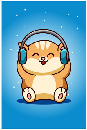A baby cat wearing earphone hand drawingのイラスト素材