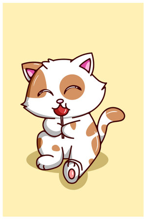 Kawaii and funny cat eating a candy cartoon illustrationのイラスト素材