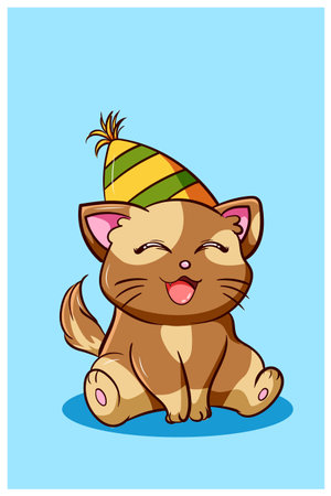 Happy and kawaii cat wearing birthday hat, animal cartoon illustrationのイラスト素材