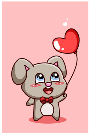 Funny and kawaii rabbit with heart ballon in the valentine, cartoon illustrationのイラスト素材