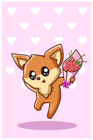 Kawaii fox carrying a bouquet of flowers on valentine day cartoon illustrationのイラスト素材