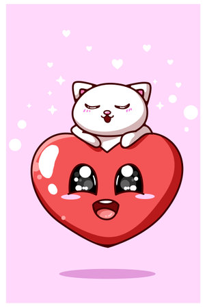 Kawaii heart and kitten, valentine theme cartoon illustrationのイラスト素材