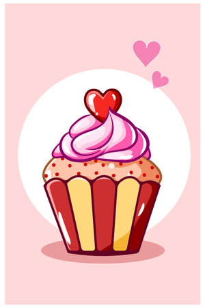 valentine Cupcake valentine with love on the top of cream, cartoon illustrationのイラスト素材