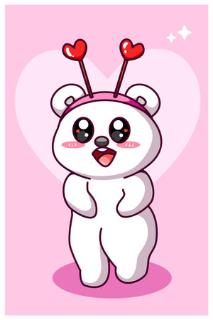 Polar bear wearing love headband in the valentine cartoon illustrationのイラスト素材