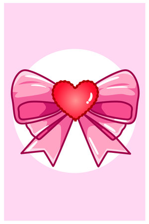 Kawaii ribbon with heart, valentine day cartoon illustrationのイラスト素材