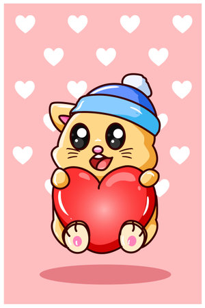 Kawaii and funny cat with love in valentine day cartoon illustrationのイラスト素材
