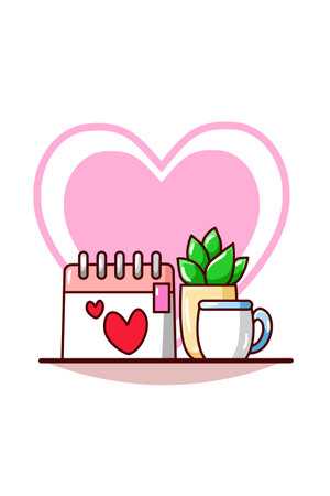 Valentine day calendar with a cup a coffee cartoon illustrationのイラスト素材