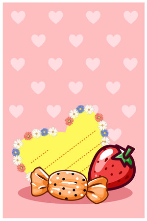 Valentine greeting card with strawberry and candy cartoon illustrationのイラスト素材