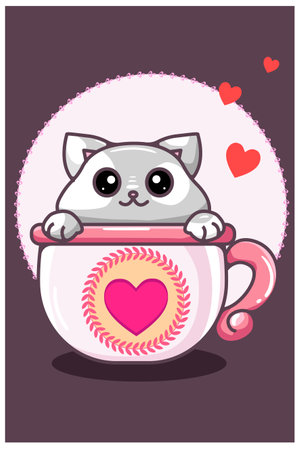 Kawaii cat in the cup in valentine day cartoon illustrationのイラスト素材