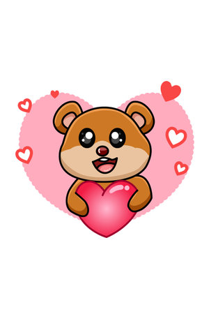 Happy and cute baby bear hugging a big heart cartoon illustrationのイラスト素材