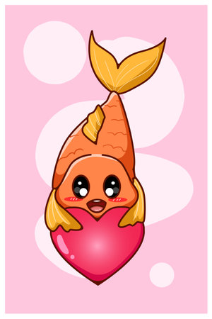 Kawaii and happy beta fish with big love valentine cartoon illustrationのイラスト素材