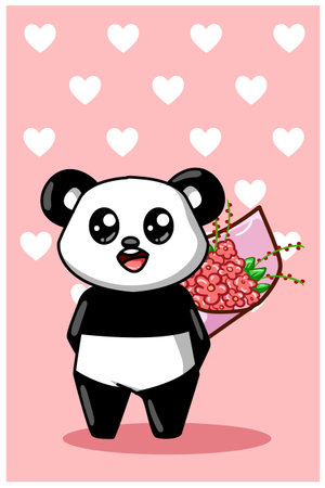A cute and happy panda carrying a bouquet of flowers cartoon illustrationのイラスト素材