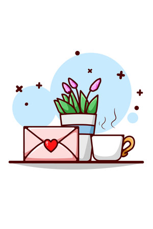 Love letter, ornamental plant and tea cartoon illustrationのイラスト素材