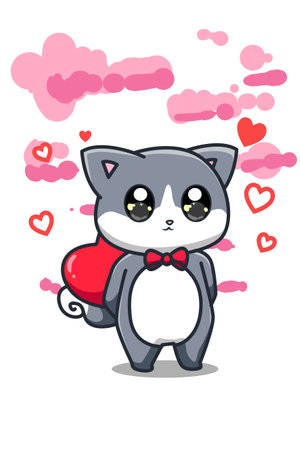 A cute kitten bring a big heart cartoon illustrationのイラスト素材