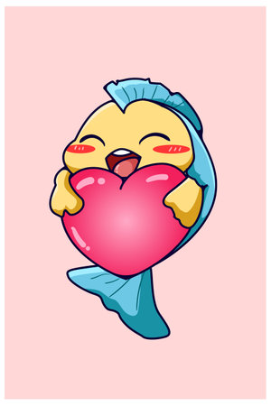 Kawaii and funny baby fish hugging a big heart valentine cartoon illustrationのイラスト素材