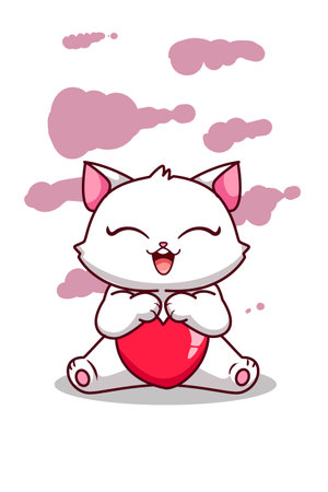 Happy and pretty cat with a big heart cartoon illustrationのイラスト素材