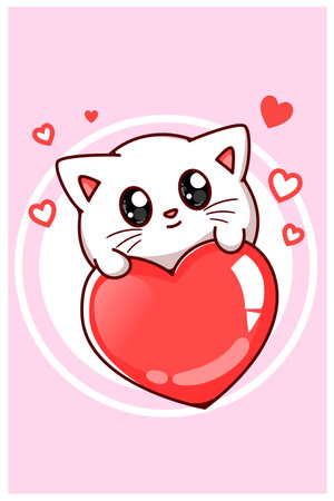 Cute cat on the big heart cartoon illustrationのイラスト素材