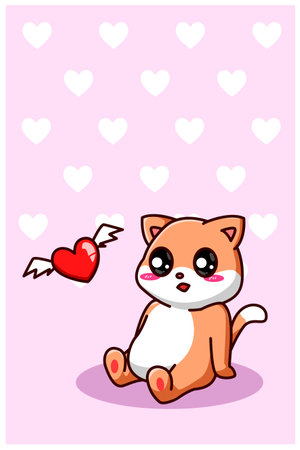 A happy and funny cat with flying heart cartoon illustrationのイラスト素材