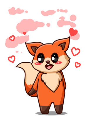 A cute and happy fox with small hearts cartoon illustrationのイラスト素材