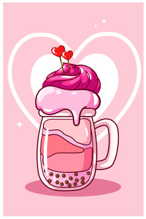 Valentine's Day ice cream soda with candy cartoon illustrationのイラスト素材
