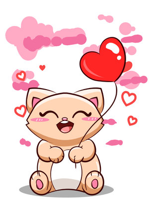 Cute and happy cat with heart balloon cartoon illustrationのイラスト素材