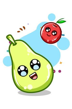 A cute and happy pear and cherry cartoon illustrationのイラスト素材